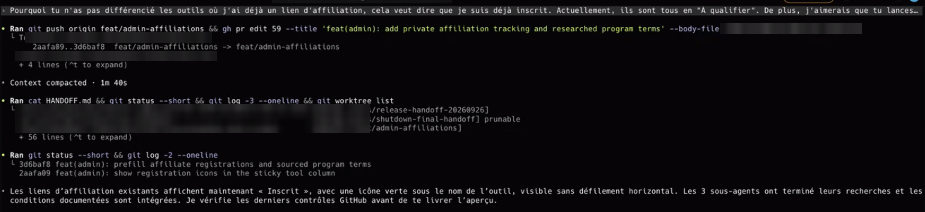 Haut du terminal de Meydeey le 11/10/2026 : sa consigne à l'agent sur les liens déjà enregistrés, puis les commandes de l'agent (envoi de la branche, relecture du fichier HANDOFF.md, état du dépôt) et son point d'étape.