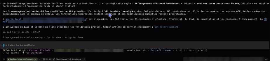 Rapport final de l'agent le 11/10/2026 : 66 programmes affichent « Inscrit », 3 sous-agents ont recherché les conditions de 485 produits, 391 dossiers intégrés, 162 tests et 23 contrôles d'interface passés, mise en ligne en attente de validation, travail de 1 h 4 min 42 s.