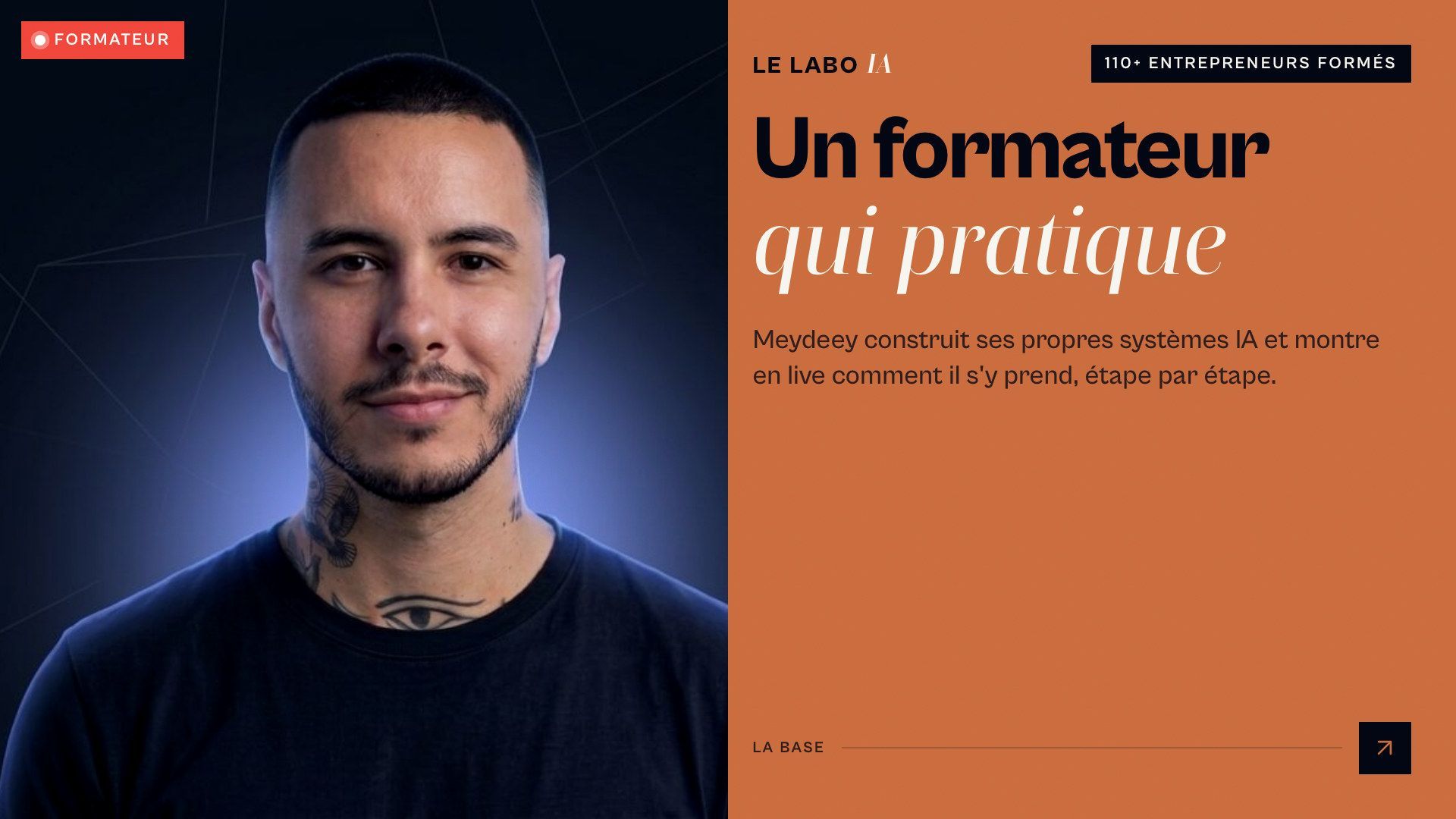 Visuel LE LABO IA : une photo de Meydeey, formateur de LE LABO IA, et l'annonce du live, avec le titre « Un formateur qui pratique ».