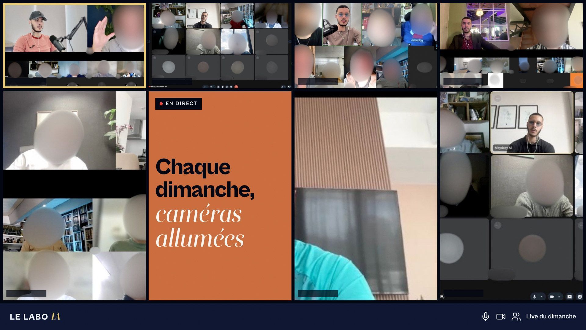 Visuel LE LABO IA : un mur de visioconférence d'un live LE LABO IA, visages des participants floutés, avec le titre « Chaque dimanche, caméras allumées ».