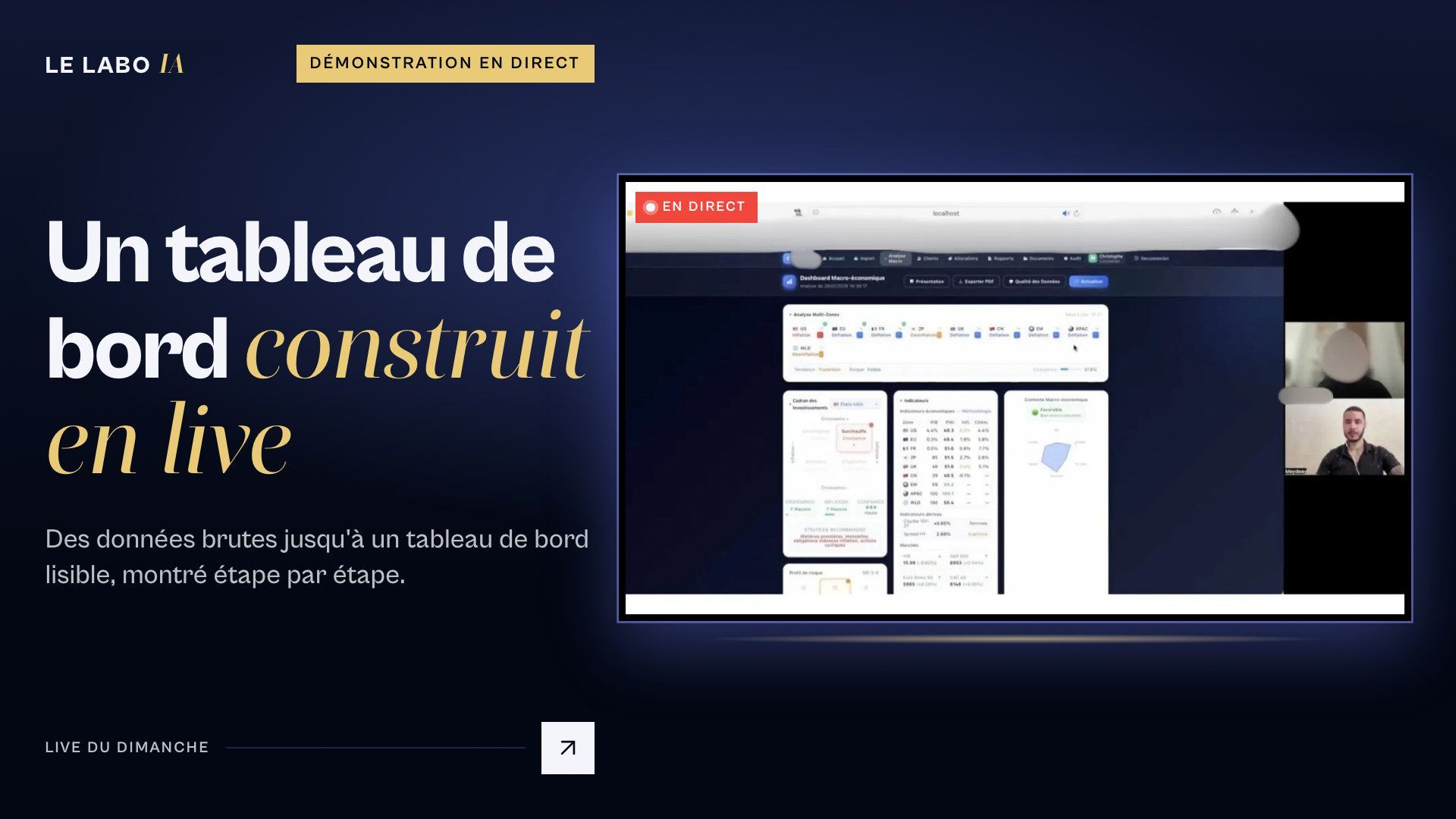 Capture réelle d'une démonstration projetée pendant un live LE LABO IA, avec le titre « Un tableau de bord construit en live ».