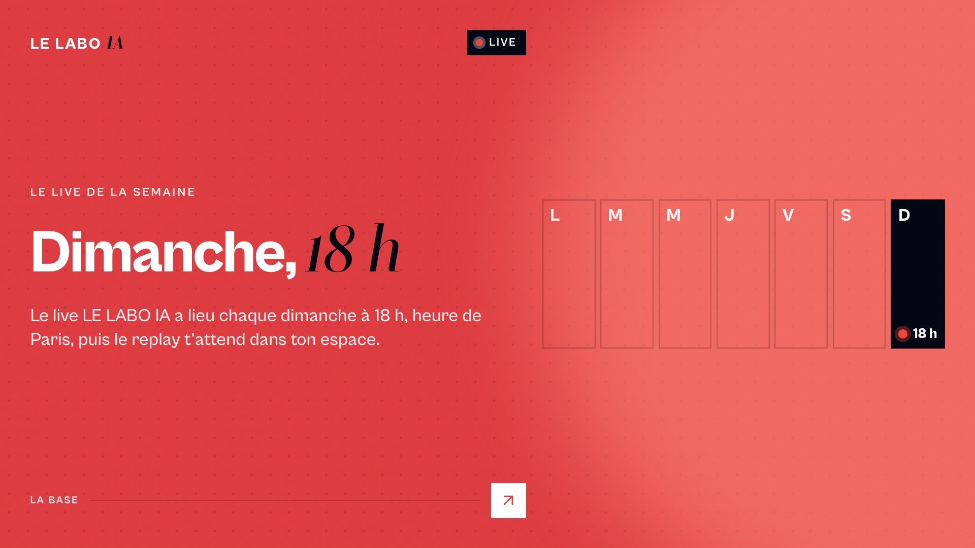 Visuel LE LABO IA : l'annonce du live du dimanche à 18 h avec une semaine où le dimanche est mis en avant, avec le titre « Dimanche, 18 h ».