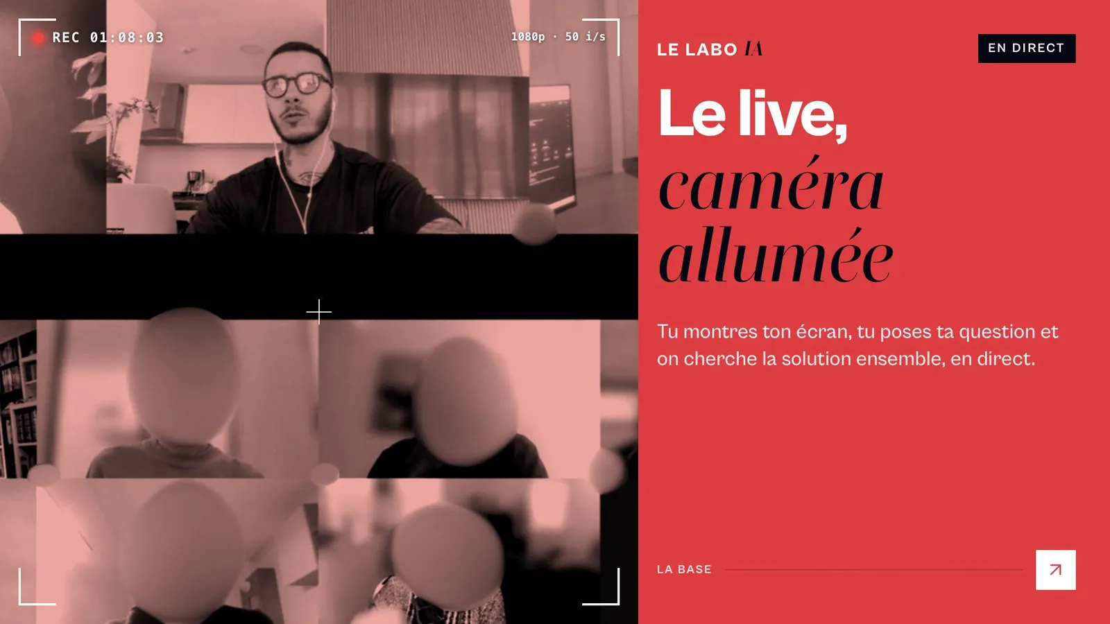 Visuel LE LABO IA « Le live, caméra allumée » : capture d'un live avec Meydeey à l'écran et des membres floutés ; chacun montre son écran et pose sa question en direct.
