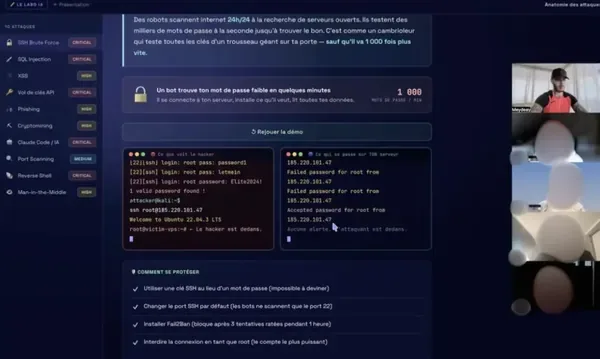 Capture d'un live : la démonstration « Anatomie des attaques » de LE LABO IA, une attaque par mot de passe sur un serveur et les protections à mettre en place.