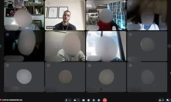 Capture du live du dimanche de LE LABO IA : une grille de visioconférence, Meydeey au centre, les autres participants floutés.