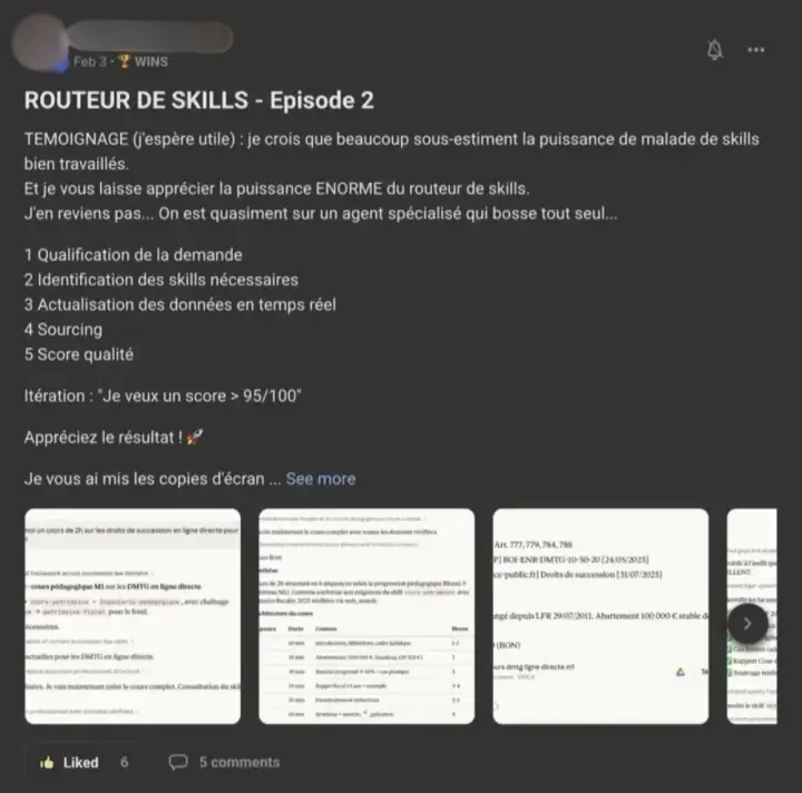 Publication d'un membre dans le salon WINS : « Routeur de skills, épisode 2 », un agent qui qualifie la demande, choisit ses compétences, va chercher les sources et note la qualité du résultat.