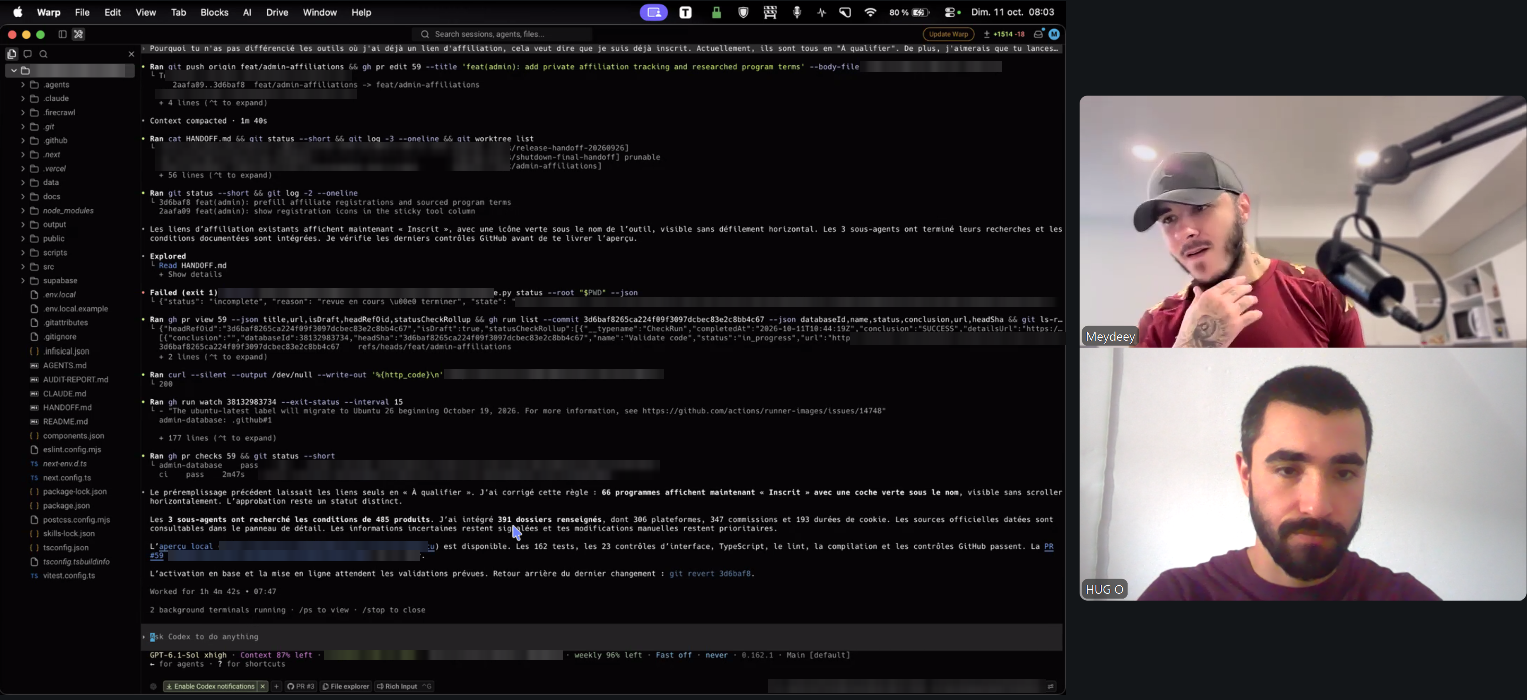 Écran partagé par Meydeey pendant la session du 11/10/2026 : à gauche le rapport de l'agent de code Codex dans le terminal, à droite Meydeey, la main sur le menton, et Hugo, concentrés.