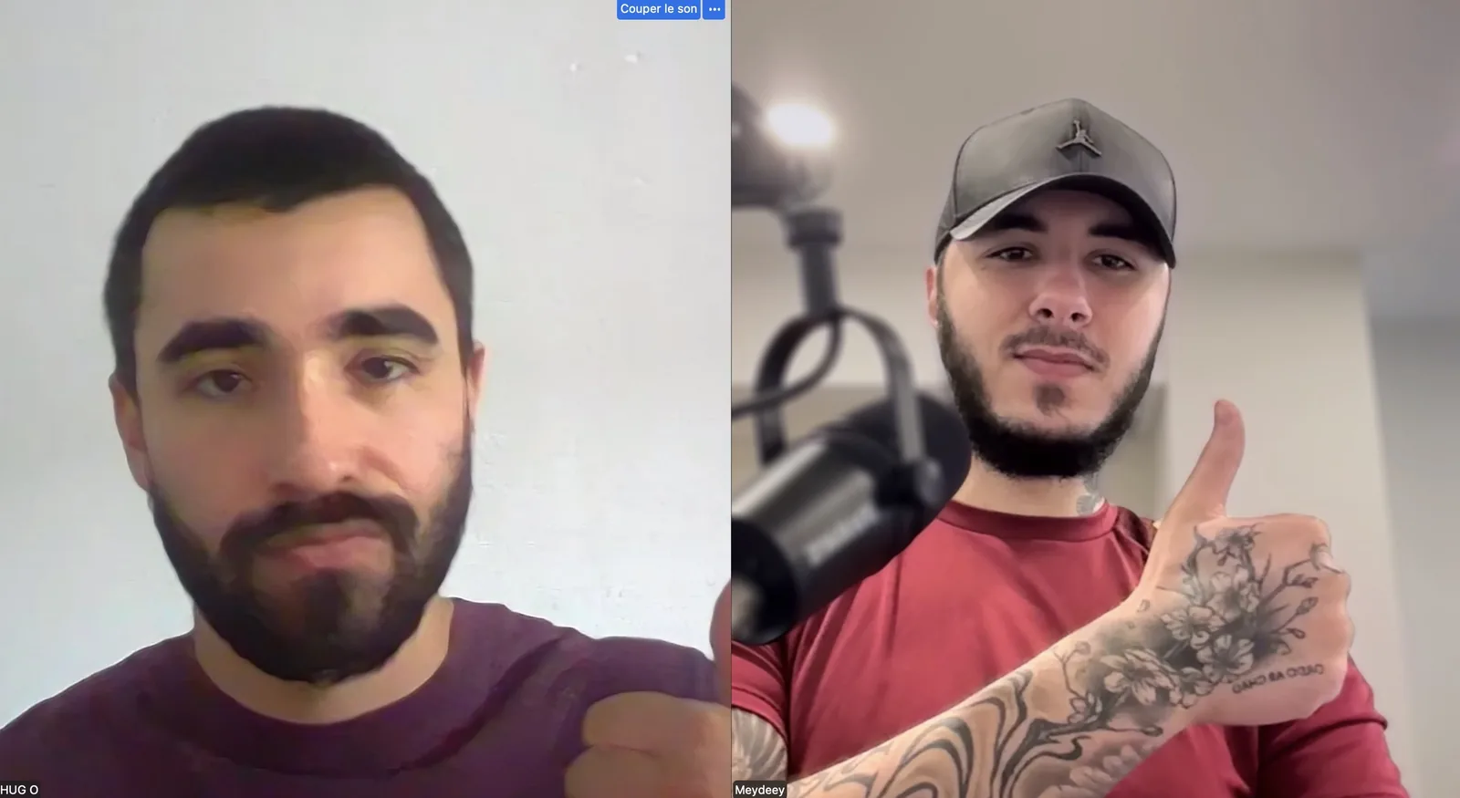 Hugo et Meydeey en visioconférence, pouces levés, à la fin de leur session de travail du 11 octobre 2026 sur un agent IA.