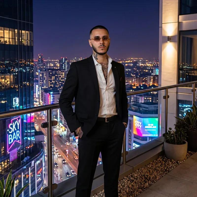 Portrait de Meydeey, créateur de LE LABO IA, en costume sur une terrasse en ville, de nuit.