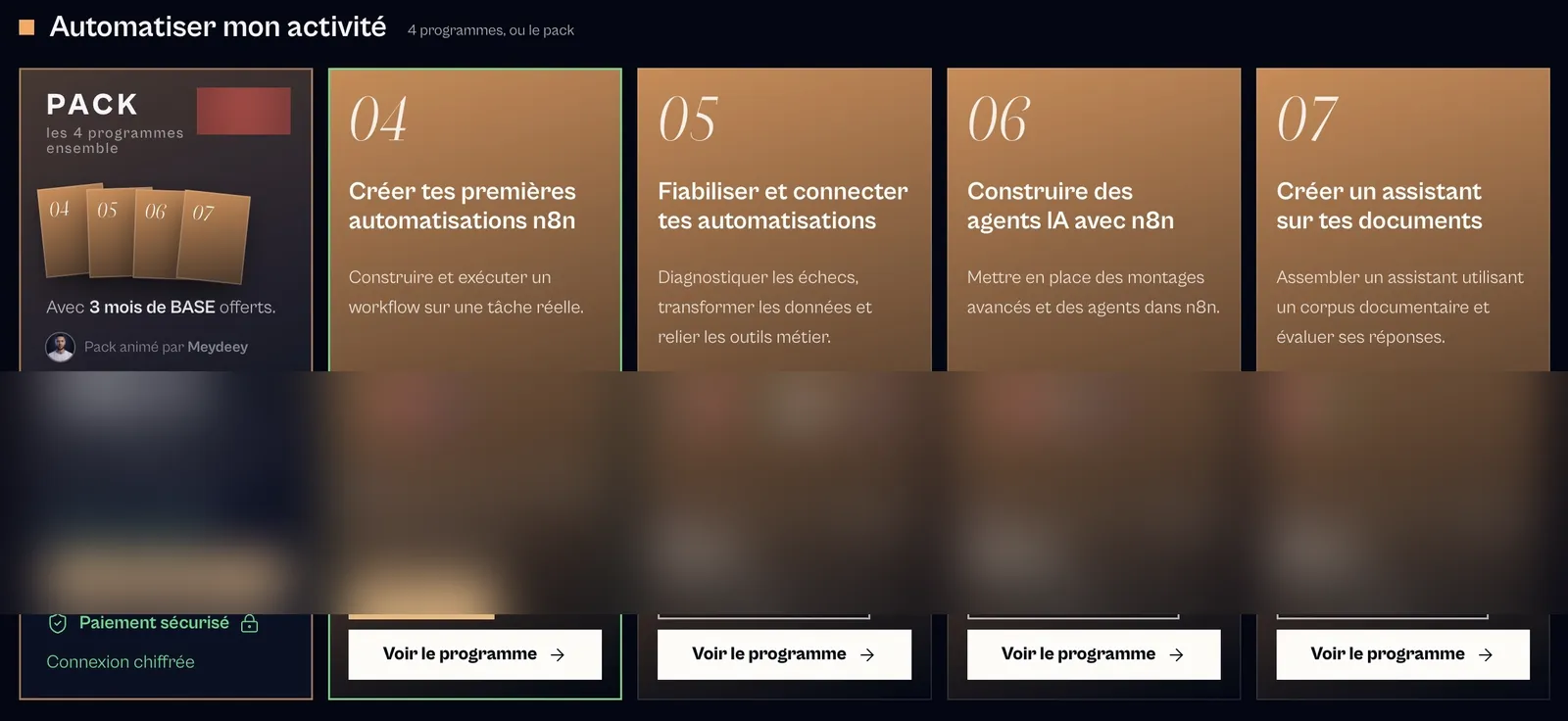 Capture de l'espace membre de LE LABO IA, objectif « Automatiser mon activité » : le pack et les programmes 04 à 07 sur n8n, les agents IA et l'assistant sur documents, prix floutés.