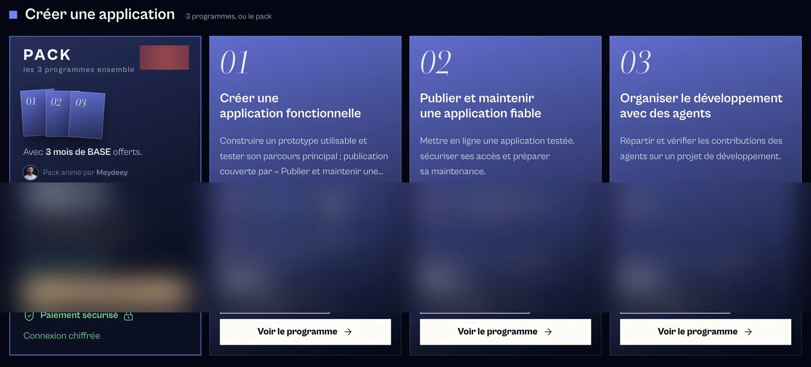 Capture de l'espace membre de LE LABO IA, objectif « Créer une application » : le pack et les programmes 01 « Créer une application fonctionnelle », 02 « Publier et maintenir une application fiable », 03 « Organiser le développement avec des agents », prix floutés.