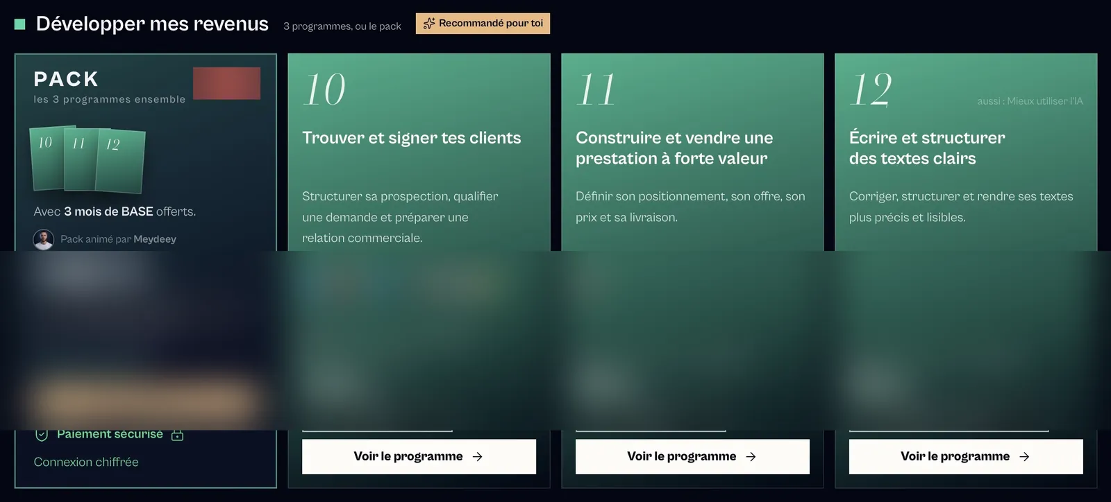 Capture de l'espace membre de LE LABO IA, objectif « Développer mes revenus » : le pack et les programmes 10 « Trouver et signer tes clients », 11 « Construire et vendre une prestation à forte valeur », 12 « Écrire et structurer des textes clairs », prix floutés.