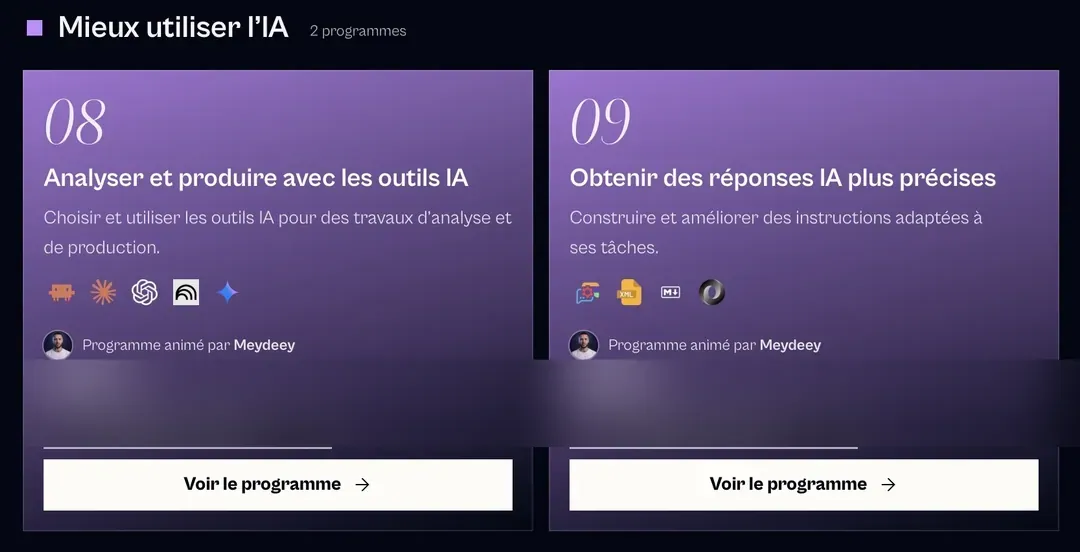 Capture de l'espace membre de LE LABO IA, objectif « Mieux utiliser l'IA » : les programmes 08 « Analyser et produire avec les outils IA » et 09 « Obtenir des réponses IA plus précises », prix floutés.