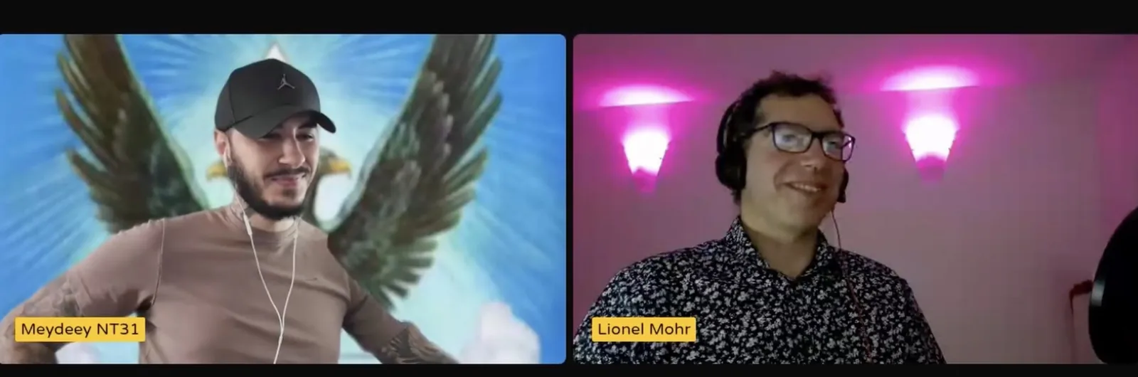 Meydeey et Lionel Mohr pendant l'enregistrement d'un épisode d'AIGHT, en visioconférence, chacun avec son nom à l'écran.