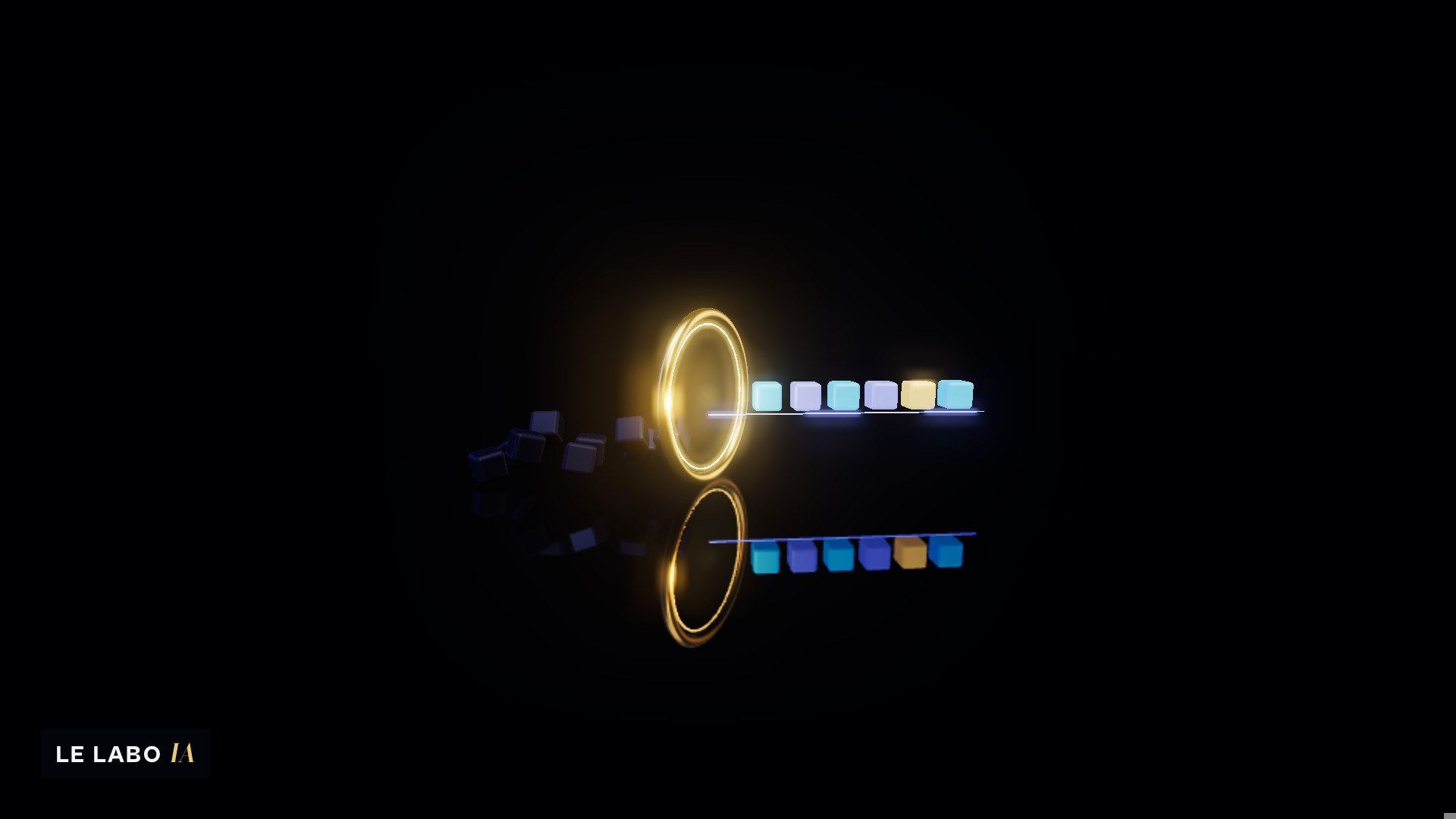 Fond 3D LE LABO IA sans texte : une chaîne d'automatisation en 3D qui trie et range des blocs, sur fond sombre, avec le logo en petit.