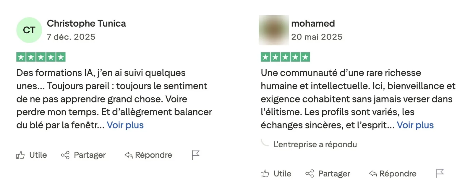 Deux avis Trustpilot en 5 étoiles, du 7 décembre 2025 et du 20 mai 2025 : l'un compare aux formations suivies avant, l'autre parle d'une communauté exigeante et bienveillante.
