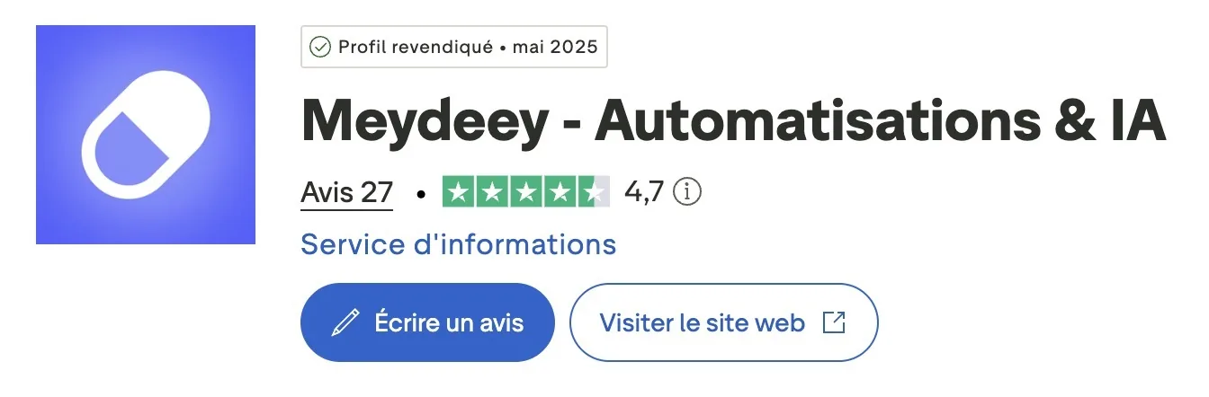 Capture du profil Trustpilot « Meydeey - Automatisations & IA » : 27 avis, note de 4,7, profil revendiqué en mai 2025.