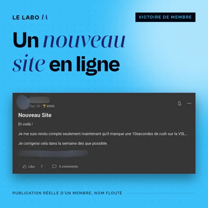 Visuel LE LABO IA « Un nouveau site en ligne » : publication d'un membre qui annonce la mise en ligne de son site, nom flouté.