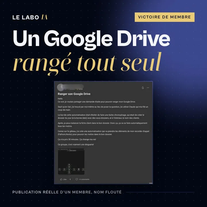 Visuel LE LABO IA « Un Google Drive rangé tout seul » : publication d'un membre qui automatise le rangement de ses fichiers, nom flouté.