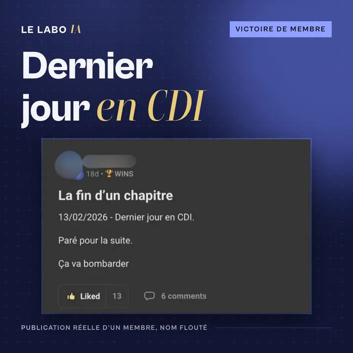 Visuel LE LABO IA « Dernier jour en CDI » : publication d'un membre, « La fin d'un chapitre », nom flouté.