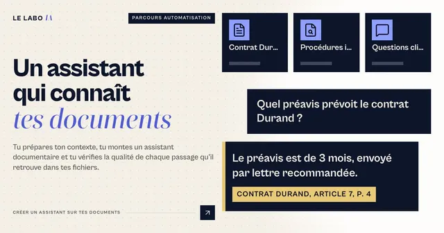 Visuel de la formation Créer un assistant sur tes documents de LE LABO IA : des documents sources et un assistant qui répond en citant sa source, avec le titre « Un assistant qui connaît tes documents ».